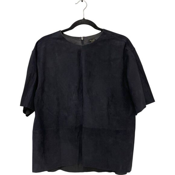 Massimo Dutti Womens Blouse M Short Sleeve Suede Leather Navy Blue 5311/841 NWT - Picture 4 of 10